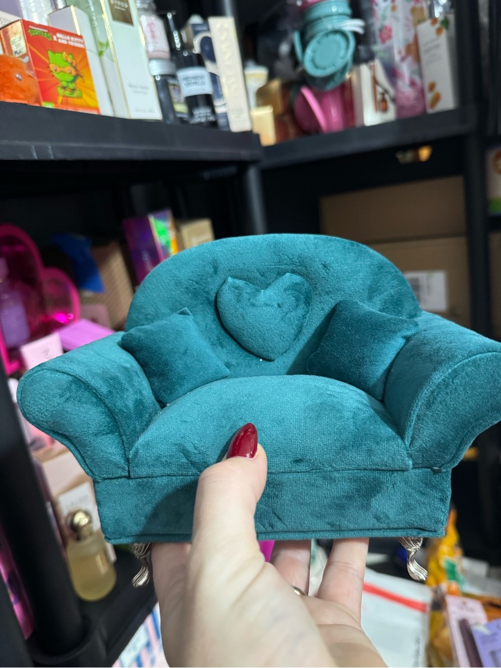 Teal Velvet Heart Accent Mini Sofa Jewelry box